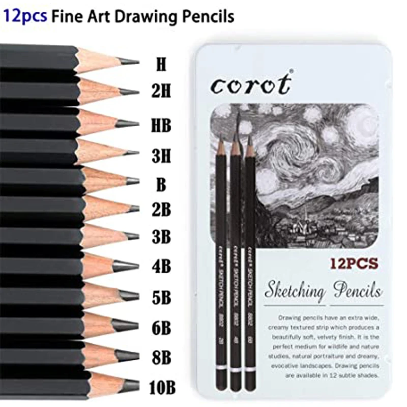 COROT Sketching Wood Pencils 12 Pcs H+B , • Perfect Pencils Details & Texture (KLSMQB0015-3)